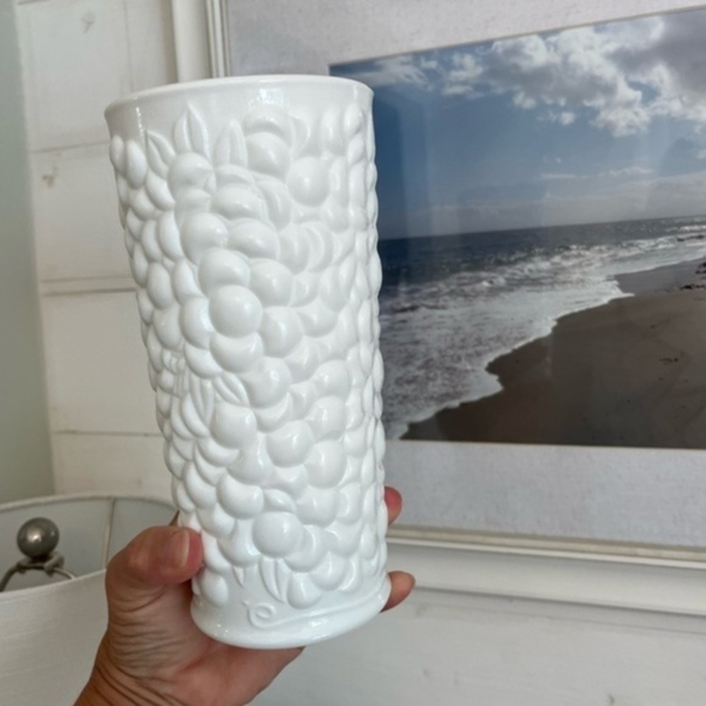 Vintage Textured Fruit Pattern Milk Glass Vase - Picture 3 of 14
